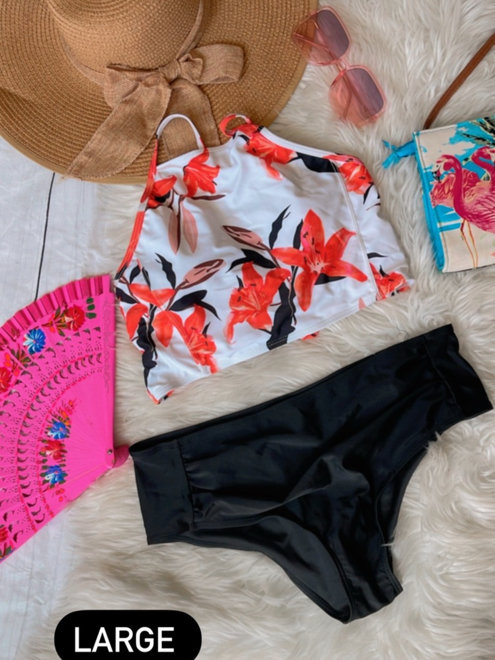 Floral High-Neck Tankini Top with Black Bikini Bottoms